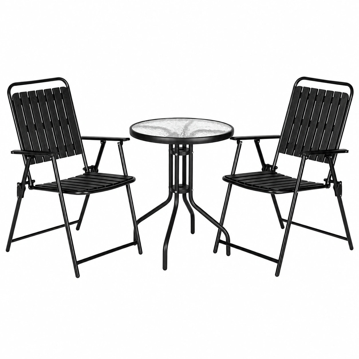 Conjunto Bistro de Jardín MONTY: Mesa de 60 cm y 2 Sillas Plegables Negras, Resistencia a Corrosión y UV