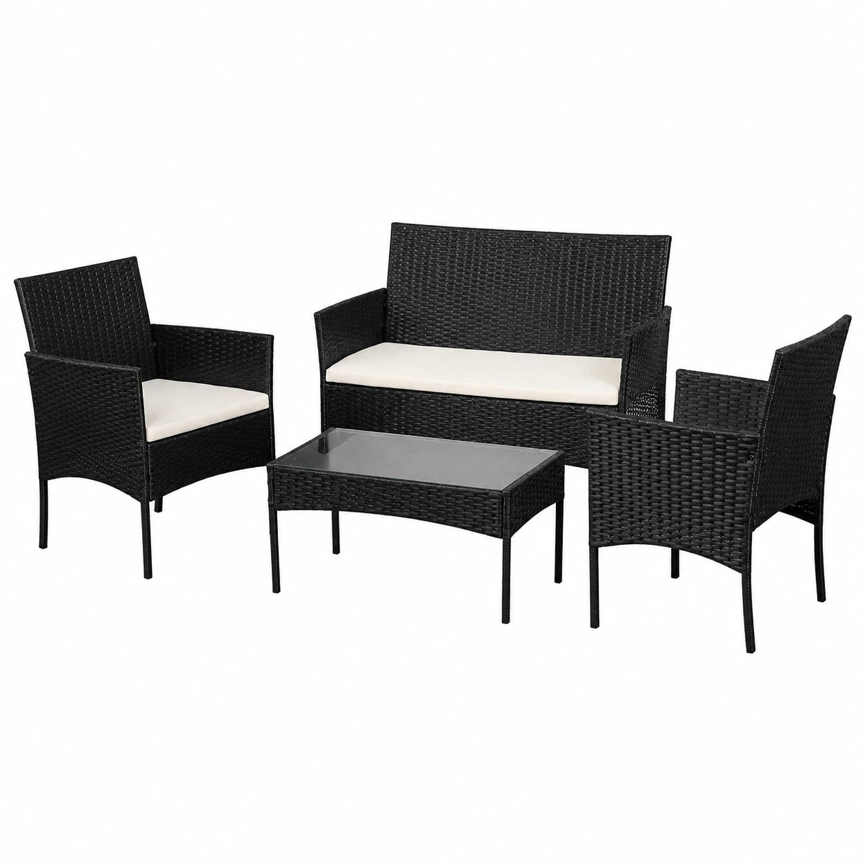 Conjunto de jardín 7 piezas: sofá, sillones y mesa con cojines, rattan negro
