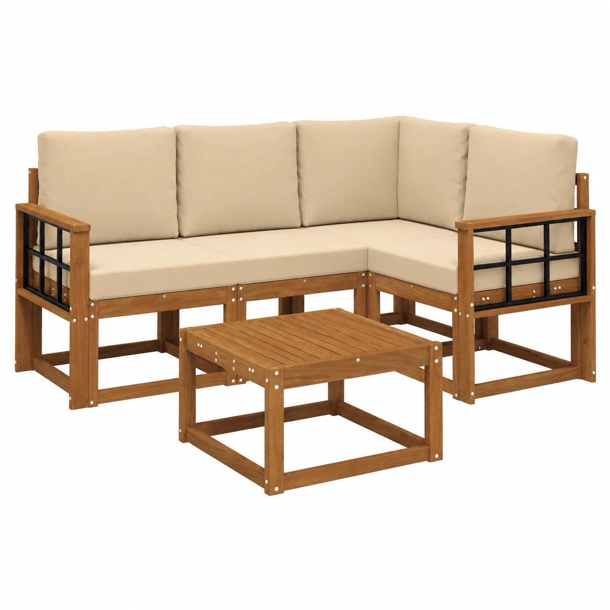Conjunto de Sofás de Jardín 5 Piezas con Cojines Beige y Natural, Muebles de Exterior Modernos y Confortables
