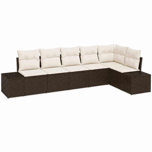 Conjunto de Sofás de Jardín 6 Piezas en Ratán Sintético Marrón y Crema