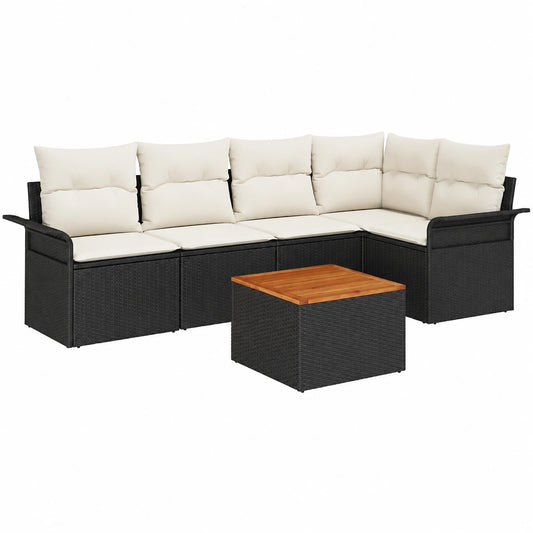Conjunto de Sofá Jardín 6 Piezas Ratán y Acacia Negro con Cojines