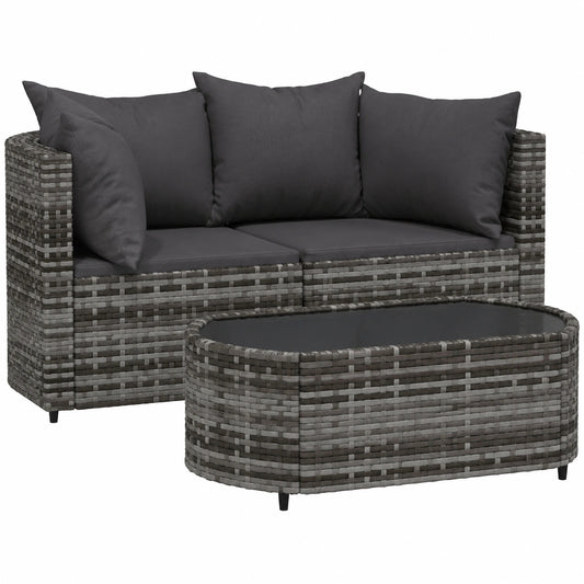 Conjunto de Muebles para Jardín de 3 Piezas con Sofá y Mesa de Centro, Ratan Gris