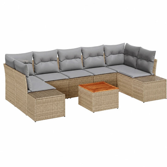Conjunto de Sofá de Jardín 8 Piezas Beige con Cojines, Ratán y Acacia Gris, Ideal para Patio y Terraza
