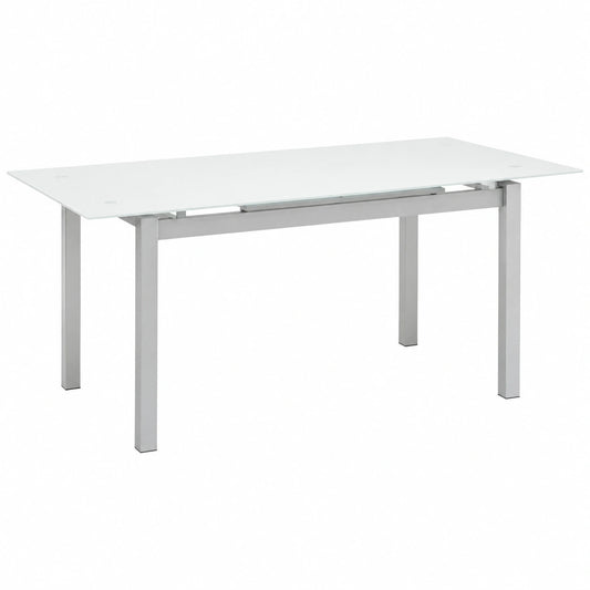 Mesa de Comedor Extensible con Cristal Templado y Patas Metálicas, Diseño Moderno, Blanco y Gris, 110/170x70x75 cm