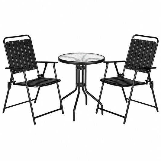 Conjunto Bistro de Jardín MONTY: Mesa de 60 cm y 2 Sillas Plegables Negras, Resistencia a Corrosión y UV