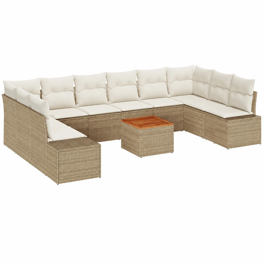 Conjunto de Sofás de Jardín 11 Piezas Beige en Ratán Sintético y Acacia, Mobiliario de Exterior Resistente
