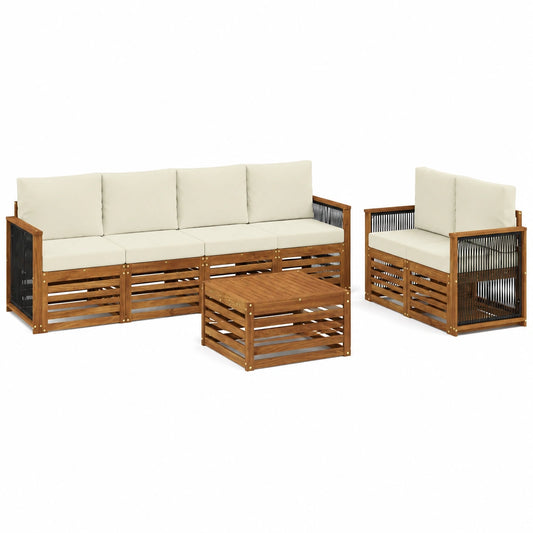 Conjunto de Sofás de Jardín 7 piezas, Natural y Crema, Muebles Exteriores Cómodos y Duraderos